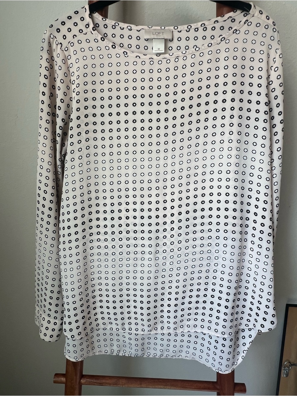 LOFT Cream Long-Sleeve Top with Navy Dot Pattern